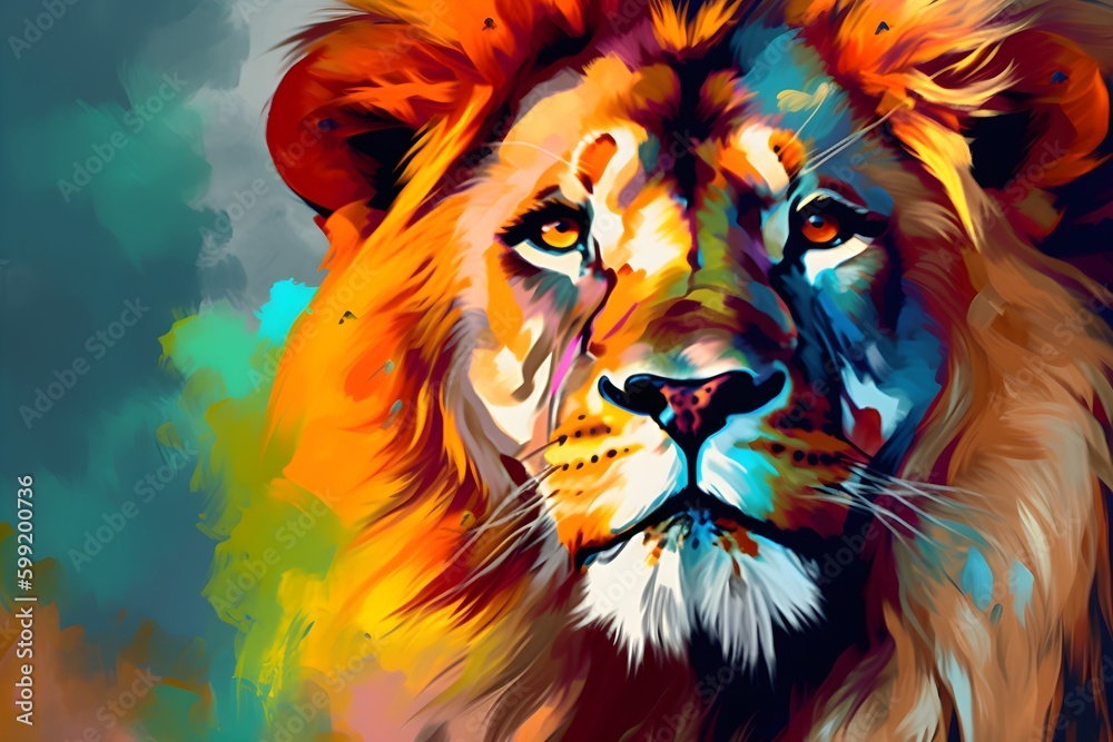 A portrait of a lion in a digital painting medium with a high contrast and bright colors AI-Generated image A portrait of a lion in a digital painting medium with a high contrast and bright colors AI-Generated image