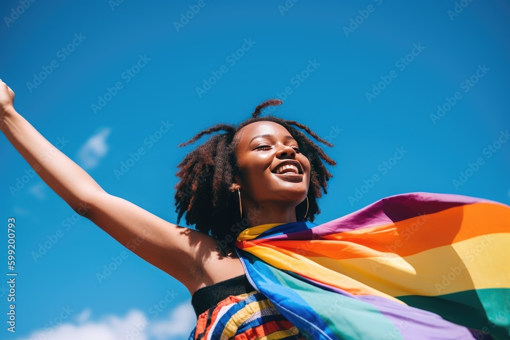 Black queer person holding rainbow flag LGBT pride or gay pride