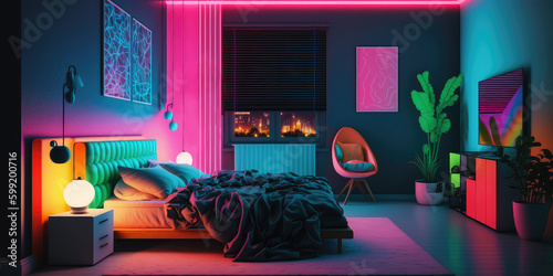 Modern bedroom interior with neon lights in the night. Luxurious stylish apartment interior. Smart home concept with neon light colours. Generated AI image.