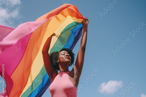 Black queer person holding rainbow flag LGBT pride or gay pride. Lesbian, gay, bisexual and transgender people proud of sexual orientation gender identity. Coming out day or LGBT history month concept