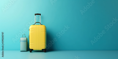 Travel banner. Vacation, holiday, travel concept generative ai background. Traveller suitcase minimalistic background with copy space