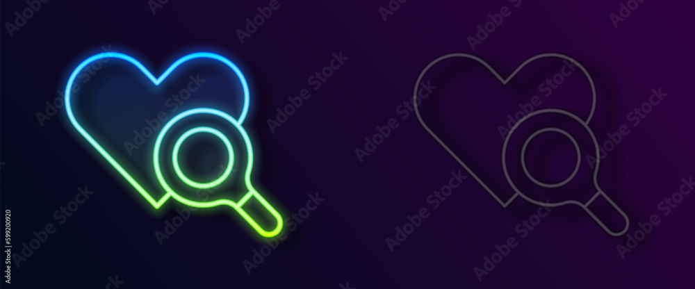 Glowing neon line Medical heart inspection icon isolated on black background. Heart magnifier search. Vector Glowing neon line Medical heart inspection icon isolated on black background. Heart magnifier search. Vector