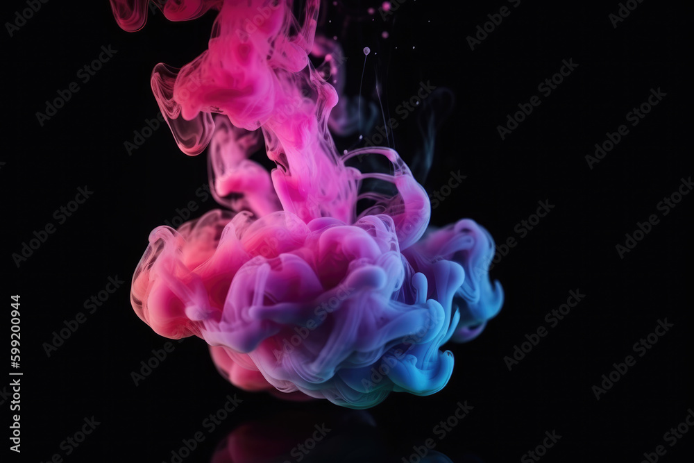 Fluid splash. Color vapor. Ink water shot. Pink blue glowing explosion smoke cloud on dark black abstract art background with free space