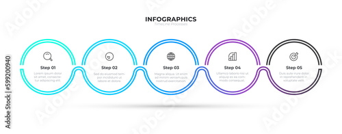 Vector Timeline Infographic label design with circles and marketing icons for Business process steps with 5 options.