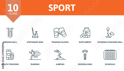 Sport outline set. Creative icons: swedish wall, stationary bike, training gloves, supplement, standing punching ball, health tracking, running, jumping, bodybuilding, schedule.