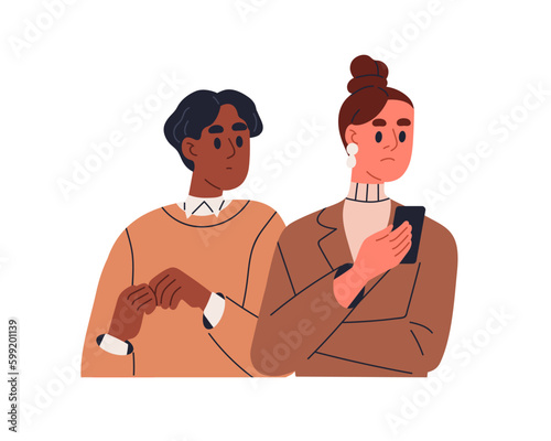 Woman ignoring man, neglecting, avoiding communication, indifferent and uninterested in person. Ignorance, indifference in unhealthy relationship. Flat vector illustration isolated on white background