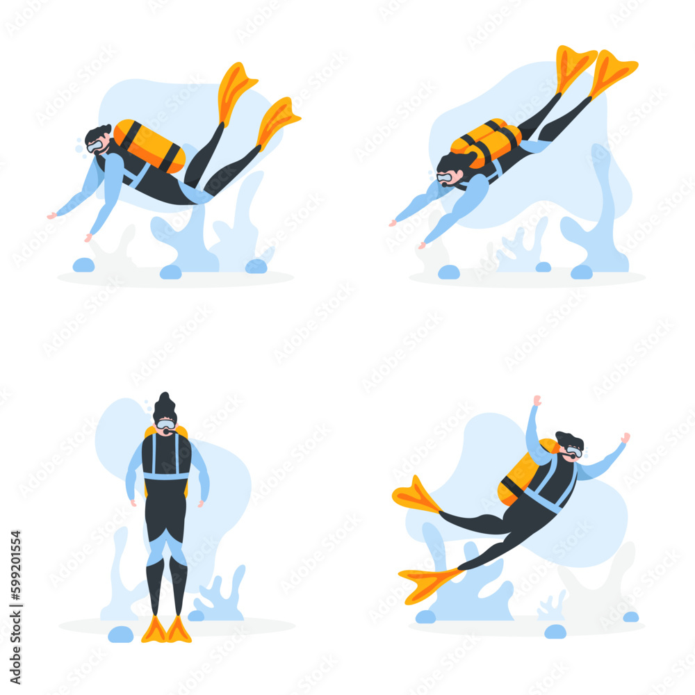 Set Collection Scuba Diver On White Background
