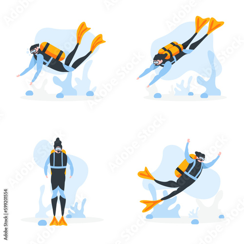 Set Collection Scuba Diver On White Background
