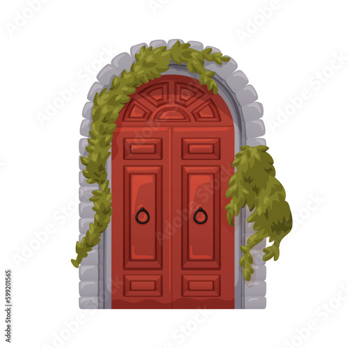 Old wooden arched door in vintage style. Medieval entrance design with leaf p...