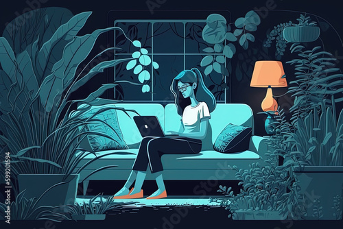 Woman sitting with laptop on bean bag chair, night illustration, Concept illustration for working, studying, education, work from home. Flat. Vector illustration, Generative Ai