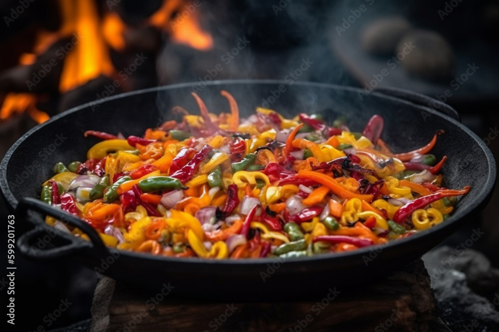 Thai Wok Recipe with Vegetables. Thai wok recipe with vegetables being cooked on an open fire, representing the delicious flavors of Asian cuisine. Ai generated