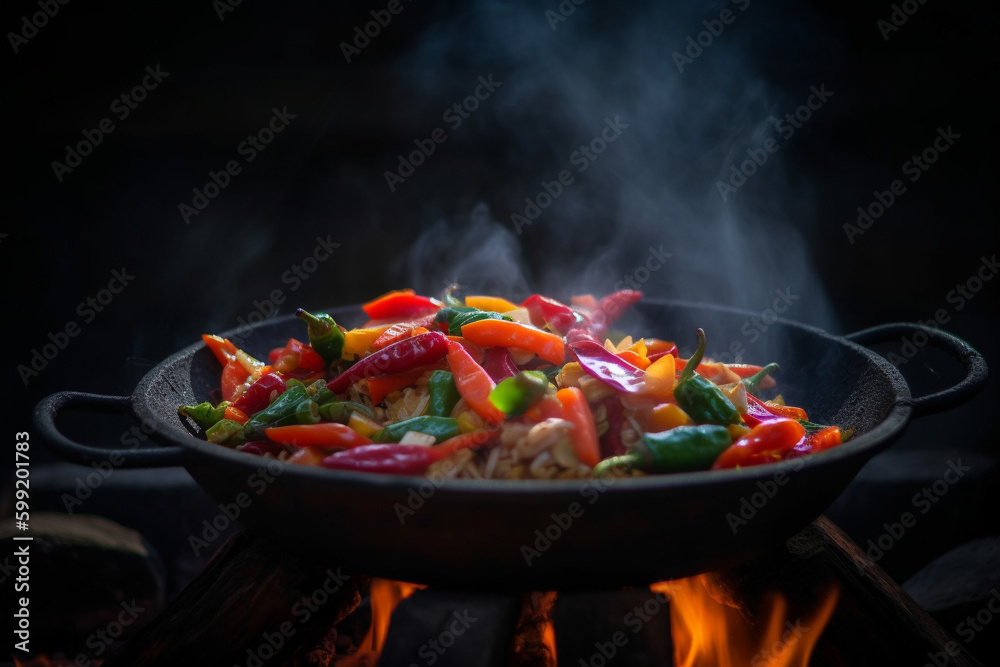 Thai Wok Recipe with Vegetables. Thai wok recipe with vegetables being cooked on an open fire, representing the delicious flavors of Asian cuisine. Ai generated Thai Wok Recipe with Vegetables. Thai wok recipe with vegetables being cooked on an open fire, representing the delicious flavors of Asian cuisine. Ai generated