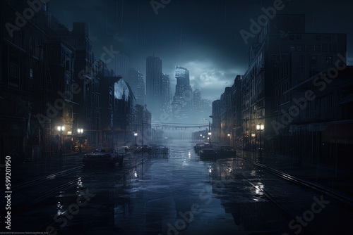 Concept art illustration of Gotham city at night, dystopian gotham city, hyperrealistic, cinematic lighting, Generative AI