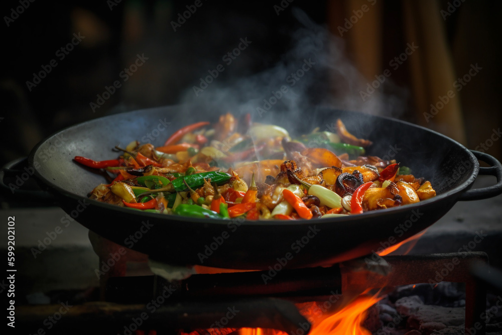 Thai Wok Recipe with Vegetables. Thai wok recipe with vegetables being cooked on an open fire, representing the delicious flavors of Asian cuisine. Ai generated