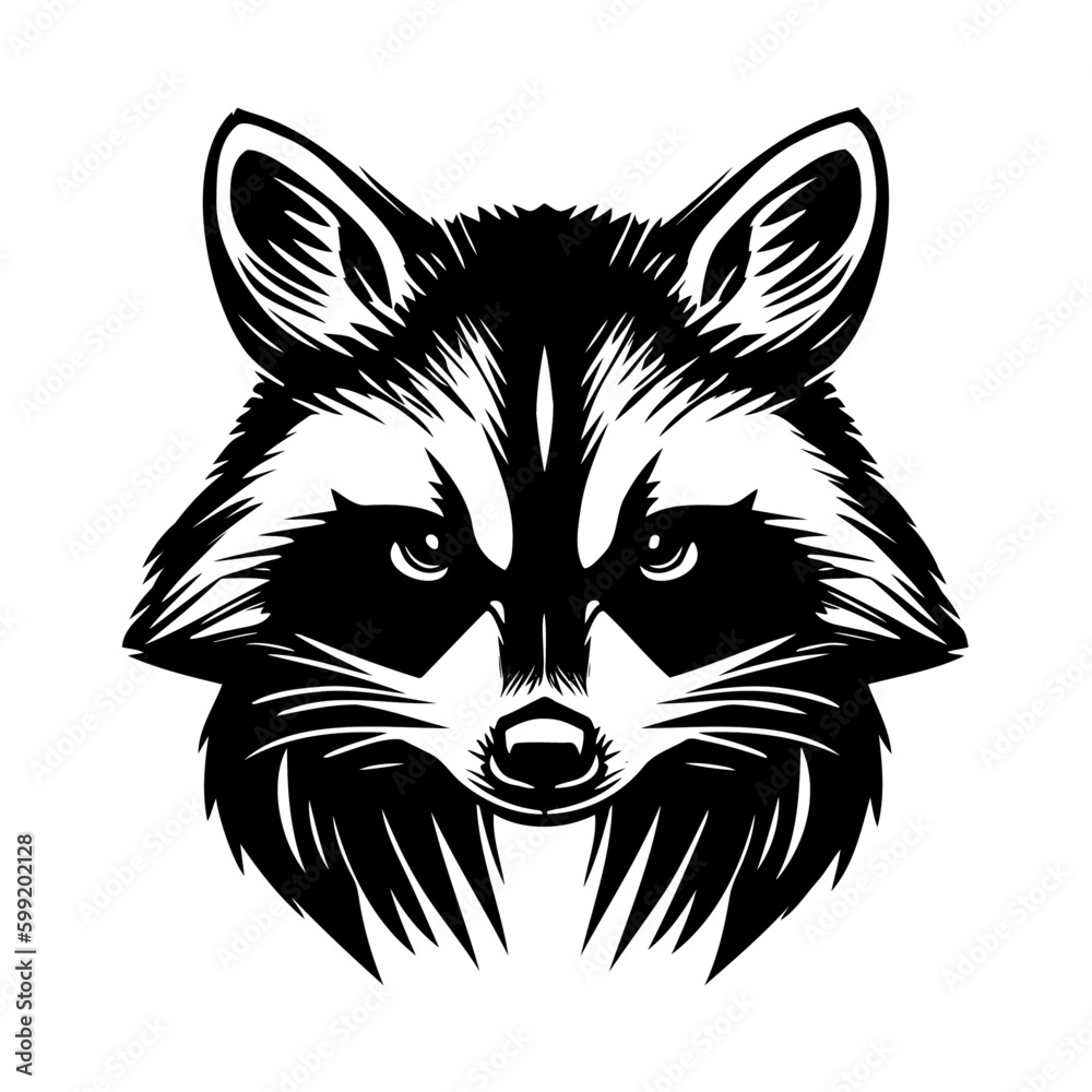 Raccoon vector graphics front side is black-and-white monochrome pattern, raccoon logo, isolated on white background, vector illustration. Raccoon vector graphics front side is black-and-white monochrome pattern, raccoon logo, isolated on white background, vector illustration.