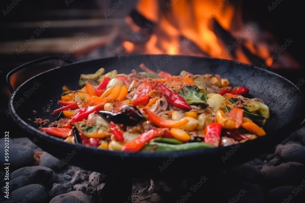 Thai Wok Recipe with Vegetables. Thai wok recipe with vegetables being cooked on an open fire, representing the delicious flavors of Asian cuisine. Ai generated Thai Wok Recipe with Vegetables. Thai wok recipe with vegetables being cooked on an open fire, representing the delicious flavors of Asian cuisine. Ai generated