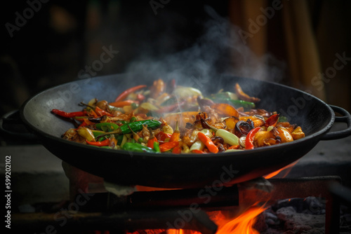 Thai Wok Recipe with Vegetables. Thai wok recipe with vegetables being cooked on an open fire, representing the delicious flavors of Asian cuisine. Ai generated