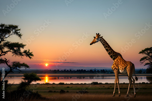 Illustration of giraffe in African safari,