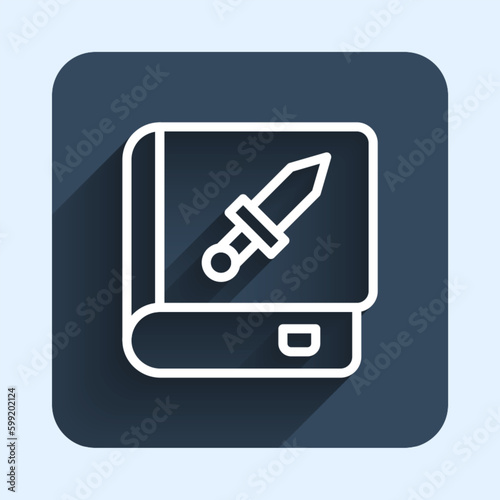 White line Book about weapon icon isolated with long shadow background. Small firearm. Weapon catalog. Blue square button. Vector