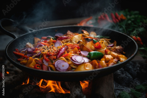 Thai Wok Recipe with Vegetables. Thai wok recipe with vegetables being cooked on an open fire, representing the delicious flavors of Asian cuisine. Ai generated