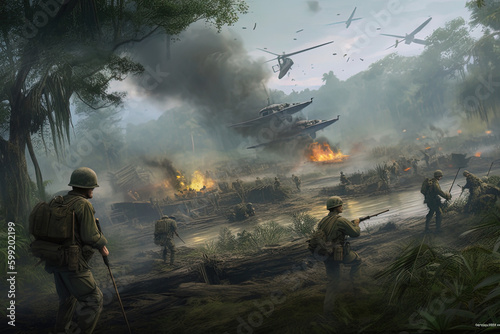 A Helicopter in a Green, Smoky Jungle with Soldiers Around It, Concept art illustration of war in Vietnam, Smoke and Flames Surrounding Vietnam War Helicopters, war, Generative Ai