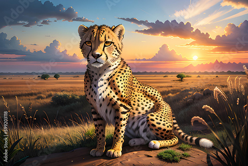 Illustration of cheetah in natural environment, outdoors