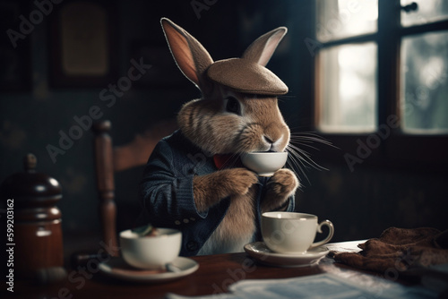 a rabbit being a detective and drinking coffee | Generative Ai