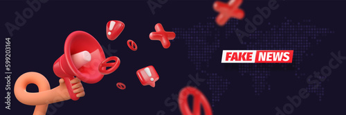 Fake news vector illustration. Attention warning of false news, banner on dark background. Prohibition of bad news. Human hand holding red loudspeaker and flying attention icons.