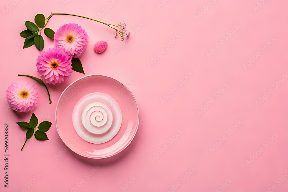 Top view image of  pink flowers composition over pastel background Generative Ai