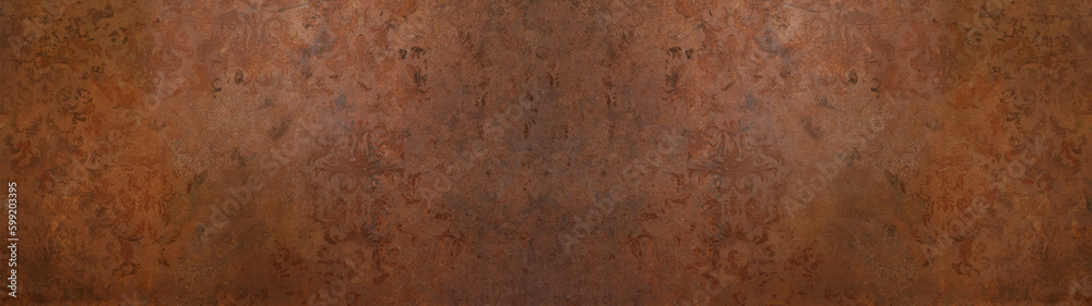 Old brown orange rusty vintage worn shabby patchwork motif tiles rust stone concrete cement wall texture background banner
