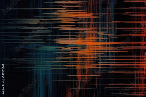 Glitch texture. Analog noise. Static distortion. Orange blue black color fuzzy lines artifacts on dark grunge illustration abstract background © Kateryna