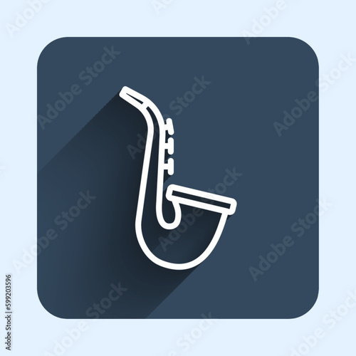 White line Musical instrument saxophone icon isolated with long shadow background. Blue square button. Vector