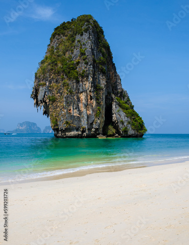 view at the limestone cliffs of Railay Beach Krabi Thailand