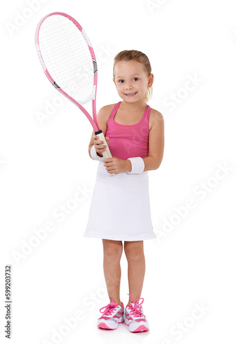 Shes ready to show her skills. Portrait of a cute little girl in tennis attire.