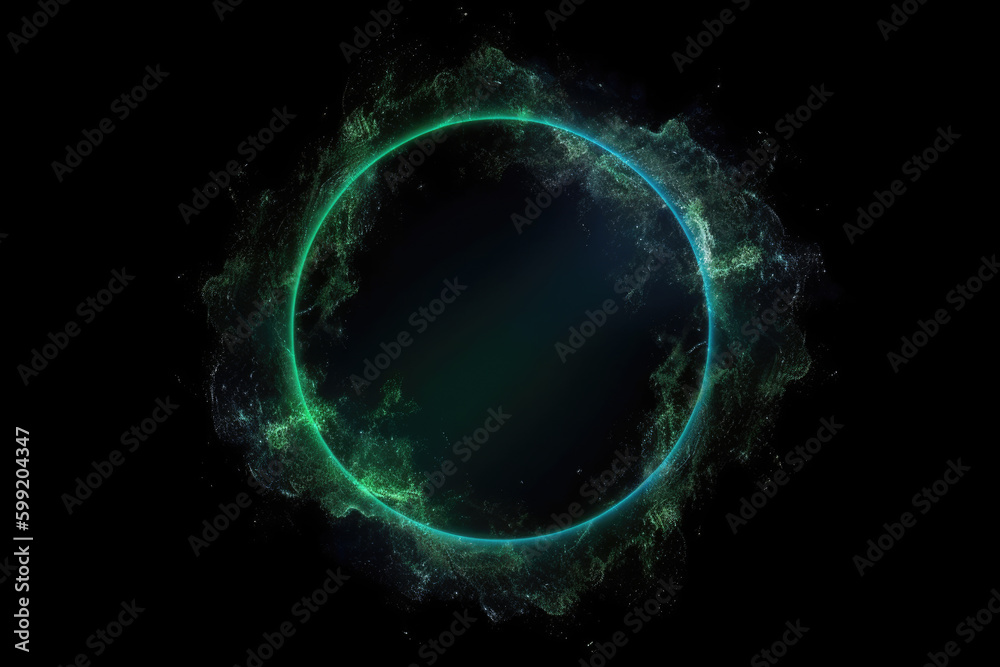 Mist circle. Round frame. Mystic vortex. Green blue color glowing sparkling glitter particles in smoke swirl on dark black abstract background
