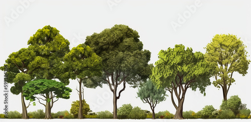 Trees with green foliage of different shades. Summer plants in row on white backdrop. Generative AI.