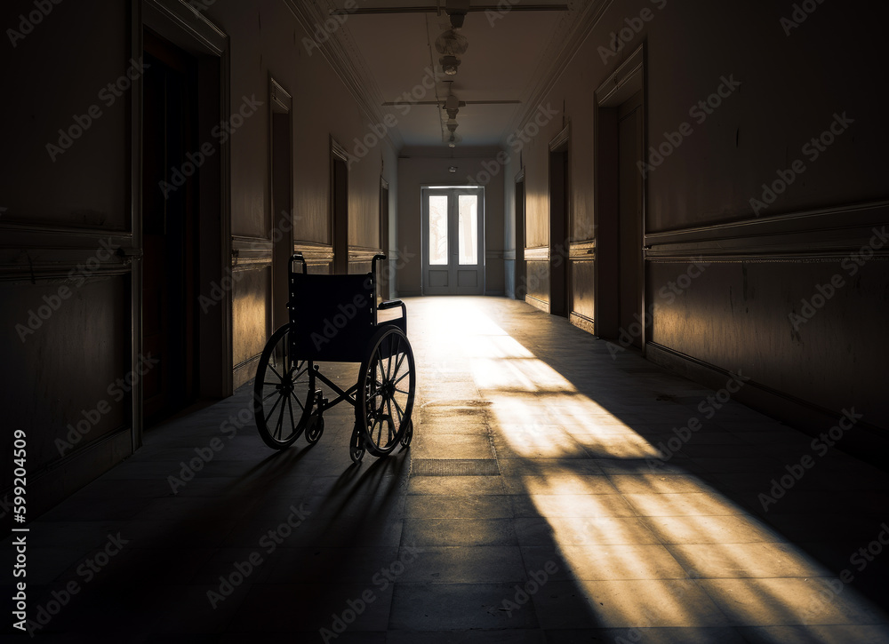 Empty long corridor in the hospital. Old-fashioned wheelchair left in the hall. Generative AI.