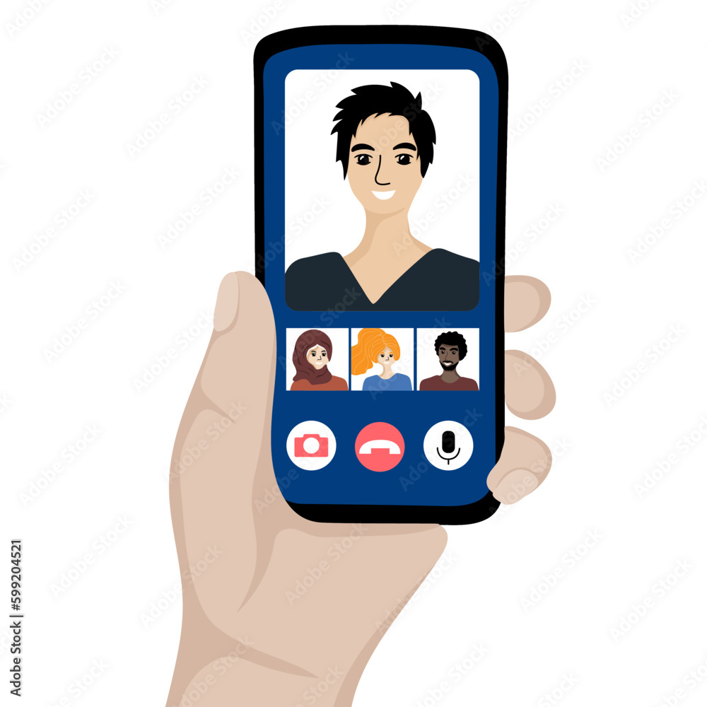 Human hand holding mobile phone with video call on screen.  Video conferencing and online communication concept. Vector illustration