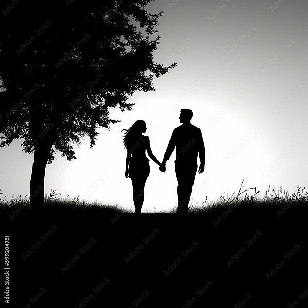 man and woman holding hands on nature background silhouette Generative AI