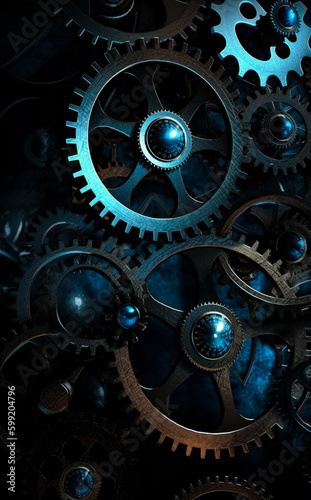 Old clock mechanism gears and cogs. Functioning like a clockwork concept. Dark backdrop. Generative AI.