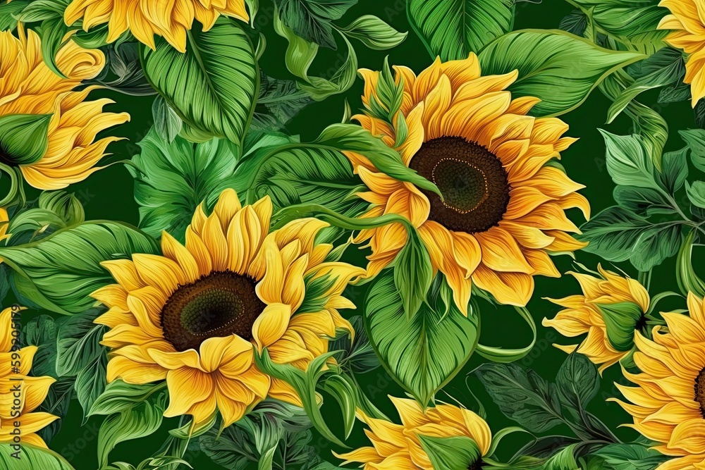 A summer-perfect backdrop featuring green-leaved sunflowers in full bloom. Generative AI A summer-perfect backdrop featuring green-leaved sunflowers in full bloom. Generative AI