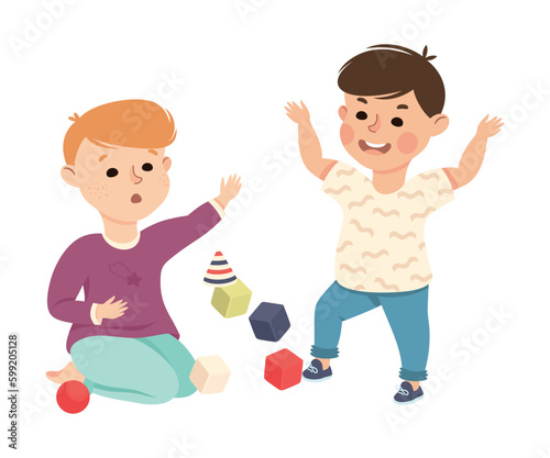 Offensive Boy Bullying and Abusing His Agemate Tossing His Toy Blocks Vector Illustration