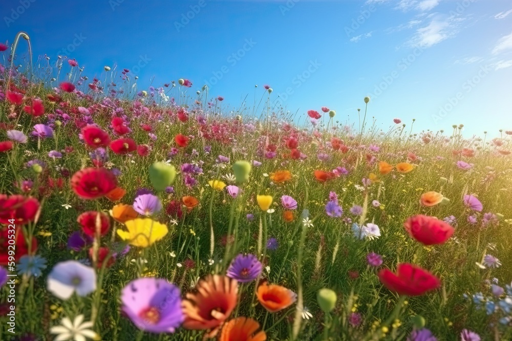 Vivid and bright flowers in a field with photorealistic landscapes in spring and summer. Help save the planet! Generative AI Vivid and bright flowers in a field with photorealistic landscapes in spring and summer. Help save the planet! Generative AI