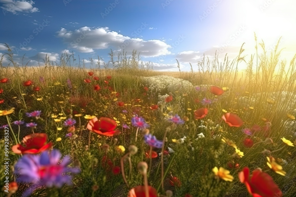 Vivid and bright flowers in a field with photorealistic landscapes in spring and summer. Help save the planet! Generative AI Vivid and bright flowers in a field with photorealistic landscapes in spring and summer. Help save the planet! Generative AI