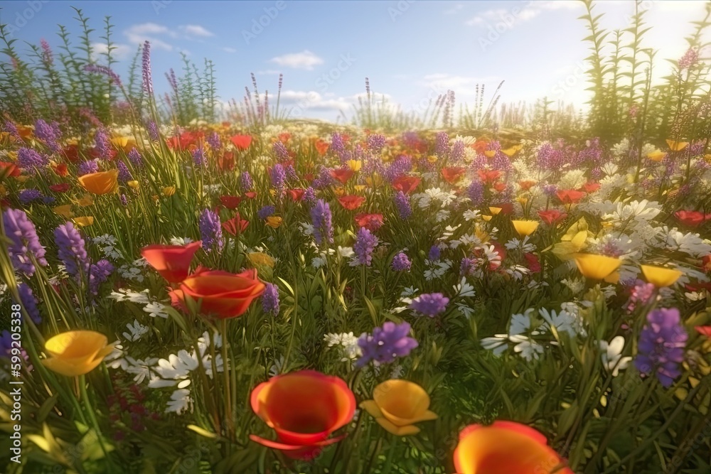 Obraz premium Vivid and bright flowers in a field with photorealistic landscapes in spring and summer. Help save the planet! Generative AI
