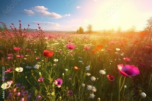 Vivid and bright flowers in a field with photorealistic landscapes in spring and summer. Help save the planet  Generative AI