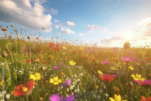 Vivid and bright flowers in a field with photorealistic landscapes in spring and summer. Help save the planet! Generative AI