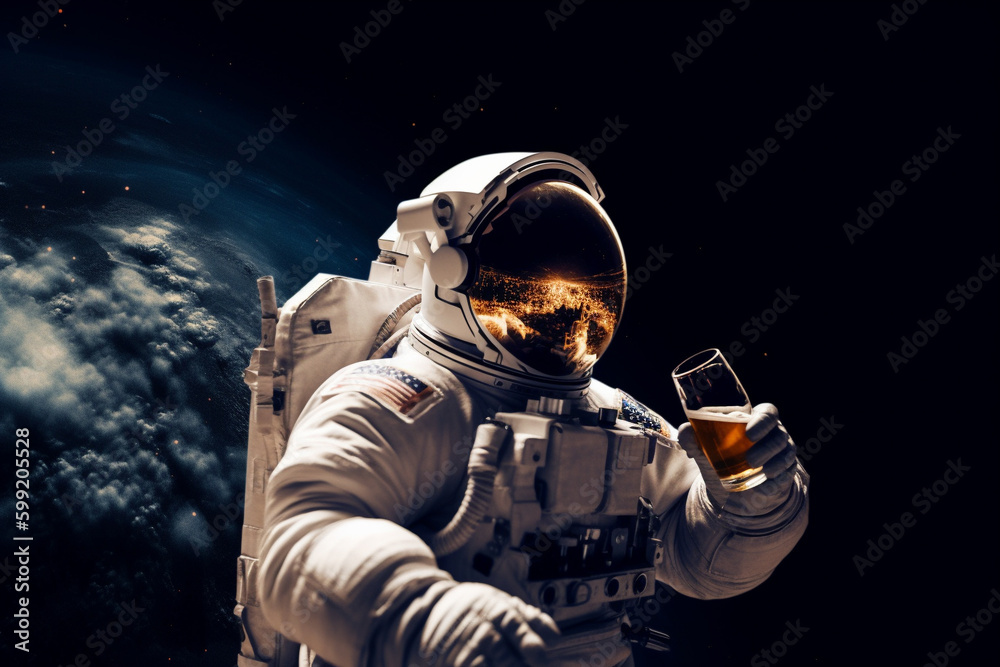 Astronaut Enjoying a Beer in Outer Space representing the idea of relaxation and enjoyment even in the most unconventional settings. Ai generated
