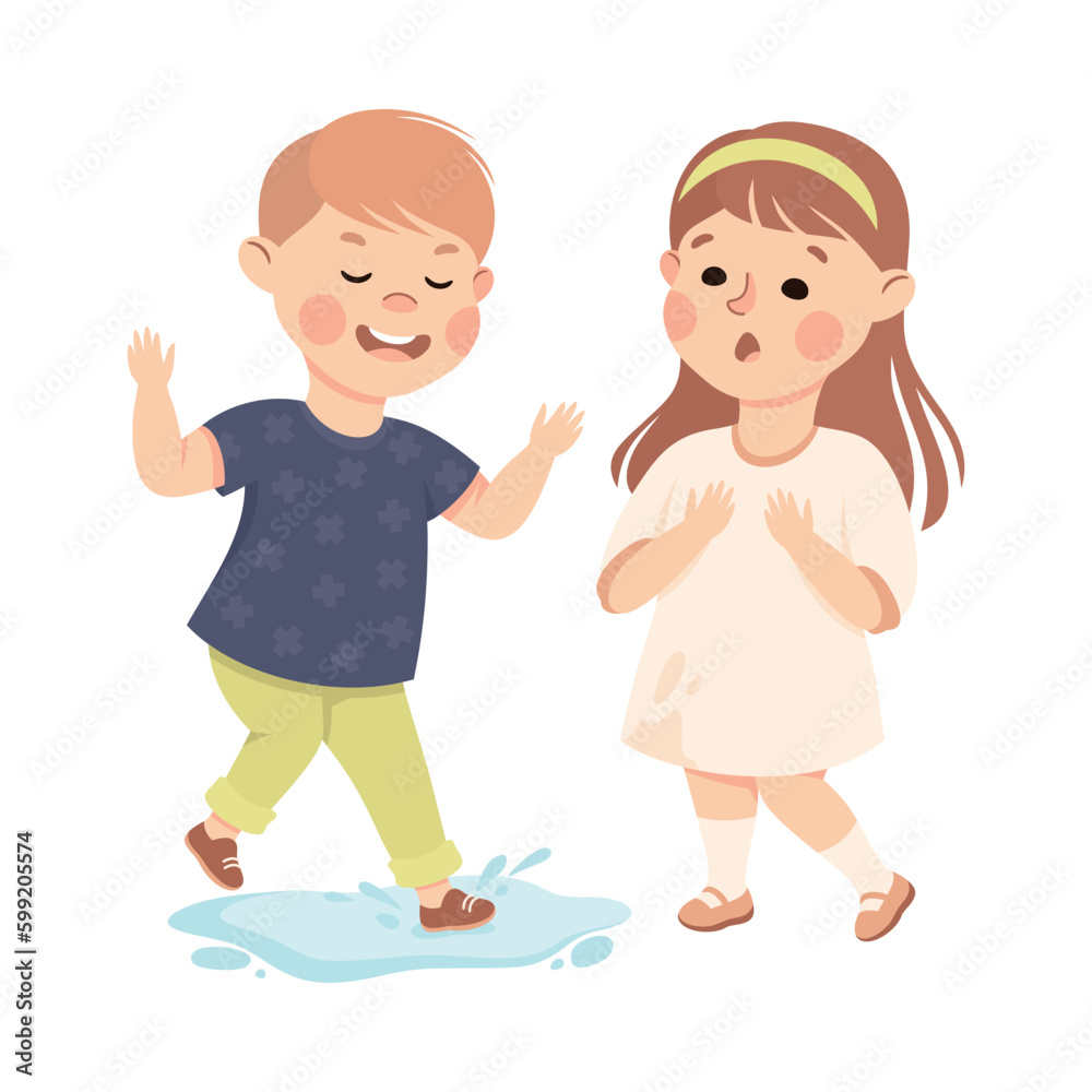 Offensive Boy Bullying and Abusing Girl Agemate Splashing Water on Her Dress Vector Illustration Offensive Boy Bullying and Abusing Girl Agemate Splashing Water on Her Dress Vector Illustration