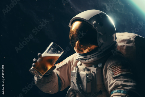 Astronaut Enjoying a Beer in Outer Space representing the idea of relaxation and enjoyment even in the most unconventional settings. Ai generated